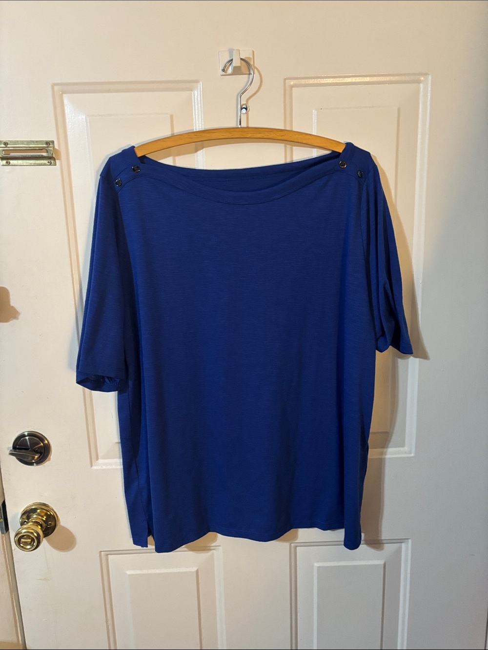 Women's Royal Blue Short-Sleeve Boatneck Top with Shoulder Buttons